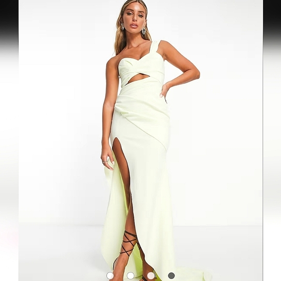 ASOS DESIGN bardot cut-out detail wrapfishtail maxi dress in washed lime.8 NWOT - Picture 1 of 15